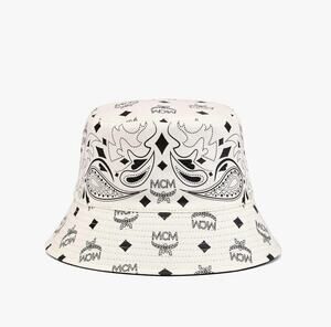 NWT MCM Visetos Monogram Reversible Bucket Hat White Cotton Canvas $320